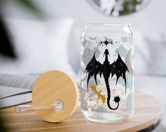 16oz Bookish Dragons Dark Fantasy Wrap Can-Shaped Sipper Glass w Bamboo Lid & Straw, Iced Coffee Tumbler Cup, Dragon Rider War Spicy Romance