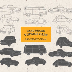 Vintage Car Clipart PNG SVG Bundle - Classic Retro Car Line Drawing, Car Doodle Illustration PNG, Vector Svg, Dxf, Eps, Ai Digital Download
