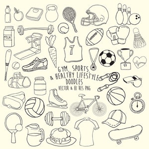 May include: Black and white line art doodle illustrations of various sports and fitness related items, including a dumbbell, a treadmill, a basketball, a soccer ball, a baseball bat, a boxing glove, a trophy, a whistle, a skateboard, a bicycle, a carrot, a milk carton, a water bottle, an apple, a scale, a kettlebell, a tennis racket, a football, a badminton racket, a jump rope, a stopwatch, a pair of ice skates, a baseball, a pair of bowling pins, a bowling ball, a baseball cap, a pitcher, a pancake, a t-shirt, and a heart. The text "GYM, SPORTS & HEALTHY LIFESTYLE DOODLES VECTOR & HI RES PNG" is included in the image.