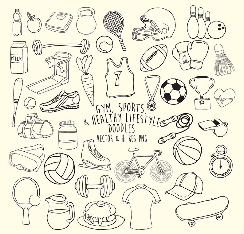 May include: Black and white line art doodle illustrations of various sports and fitness related items, including a dumbbell, a treadmill, a basketball, a soccer ball, a baseball bat, a boxing glove, a trophy, a whistle, a skateboard, a bicycle, a carrot, a milk carton, a water bottle, an apple, a scale, a kettlebell, a tennis racket, a football, a badminton racket, a jump rope, a stopwatch, a pair of ice skates, a baseball, a pair of bowling pins, a bowling ball, a baseball cap, a pitcher, a pancake, a t-shirt, and a heart. The text "GYM, SPORTS & HEALTHY LIFESTYLE DOODLES VECTOR & HI RES PNG" is included in the image.