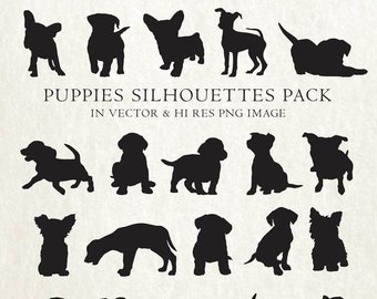 Dog Puppy Silhouette Clipart, Dog Silhouette Puppy Clipart, Dog Puppy Clip Art Vector EPS AI & PNG Design Elements Digital Instant Download