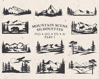 Mountain and Forest Scene Silhouettes, Cut Files for Cricut PNG & Vector SVG, EPS, Dxf