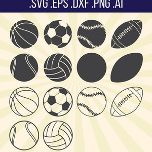 May include: A set of 10 black and white silhouette icons of different sports balls, including basketball, football, baseball, rugby ball, and volleyball. The icons are arranged in a grid pattern on a light yellow background with a radial pattern.