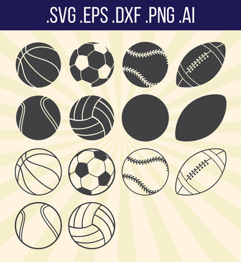 May include: A set of 10 black and white silhouette icons of different sports balls, including basketball, football, baseball, rugby ball, and volleyball. The icons are arranged in a grid pattern on a light yellow background with a radial pattern.