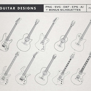 以下が含まれることがあります： 9つのギターデザインの白黒イラスト。エレキギターとアコースティックギターが描かれており、「GUITAR DESIGNS」の文字とファイル形式の情報が記載されています。「PART 1」の文字も含まれています。
