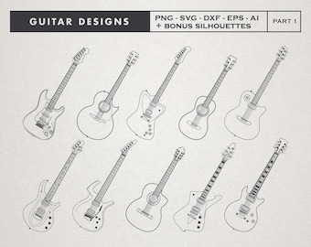 Guitar Cut Files Bundle: Electric & Acoustic Guitar Clipart PNG, Vector SVG, DXF Digital Download