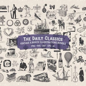 Paquete de ilustraciones vintage de la vida cotidiana: imágenes prediseñadas rústicas para manualidades y diseño / PNG SVG DXF