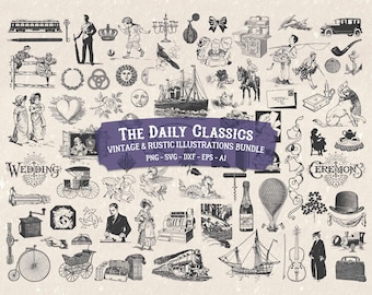 Vintage Daily Life Illustrations Bundle – Rustic Clipart for Crafts & Design | PNG SVG DXF