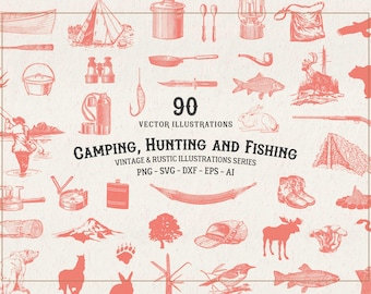 May include: A collection of 90 vector illustrations in coral red on a light background, featuring camping, hunting, and fishing themes. The text reads 90 VECTOR ILLUSTRATIONS CAMPING, HUNTING AND FISHING VINTAGE & RUSTIC ILLUSTRATIONS SERIES PNG - SVG - DXF - EPS - AI.