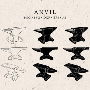 Könnte beinhalten: Ein Satz von sechs Schwarzweißillustrationen eines Ambosses, ein Werkzeug des Schmieds, das zum Formen von Metall verwendet wird. Die Illustrationen zeigen den Amboss aus verschiedenen Blickwinkeln, mit und ohne strukturierter Oberfläche.