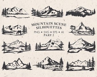 May include: A collection of nine black mountain scene silhouettes with trees and wildlife. The text "MOUNTAIN SCENE SILHOUETTES" is displayed above the file type options: PNG, SVG, EPS, and AI. The words "PART 2" are also included.