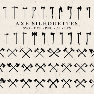 May include: A set of 30 black axe silhouettes in various styles, including single axes and crossed axes. The silhouettes are arranged in three rows of ten. The text "AXE SILHOUETTES" is at the top of the image, with the text "SVG - DXF - PNG - AI - EPS" below it.