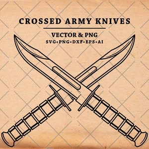 May include: A black and white line drawing of two crossed army knives. The knives have serrated blades and textured handles. The text "CROSSED ARMY KNIVES" is above the image, and the text "VECTOR & PNG" is below the image.