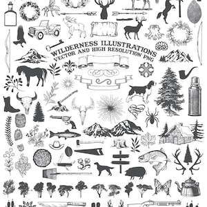 Clipart camping, clipart animaux - nature, aventure rustique, chasse dans la nature, clipart clipart PNG et vecteur EPS, téléchargement d'éléments de conception AI