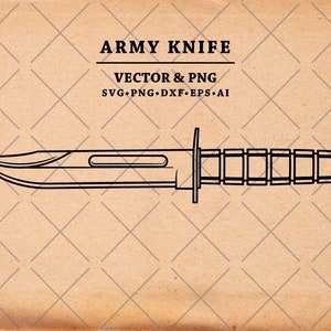Puede incluir: Un dibujo en blanco y negro de un cuchillo de ejército. El cuchillo tiene una hoja y un mango con un borde dentado. El texto "ARMY KNIFE" está por encima del cuchillo, y el texto "VECTOR & PNG" está por debajo del cuchillo. El texto "SVG.PNG.DXF.EPS.AI" está por debajo del texto "VECTOR & PNG".