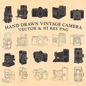Puede incluir: Un conjunto de 18 ilustraciones de cámaras vintage dibujadas a mano en blanco y negro. Las cámaras están dibujadas de forma simple y estilizada e incluyen una variedad de estilos, desde cámaras de caja antiguas hasta cámaras réflex más modernas. El texto "HAND DRAWN VINTAGE CAMERA VECTOR & HI RES PNG" está en la parte superior de la imagen.