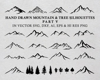 May include: A set of 20 hand-drawn mountain and tree silhouettes in black. The silhouettes are in vector format and include SVG, DXF, AI, EPS, and high-resolution PNG files. The text "HAND DRAWN MOUNTAIN & TREE SILHOUETTES PART V IN VECTOR SVG, DXF, AI, EPS & HI RES PNG" is at the top of the image.