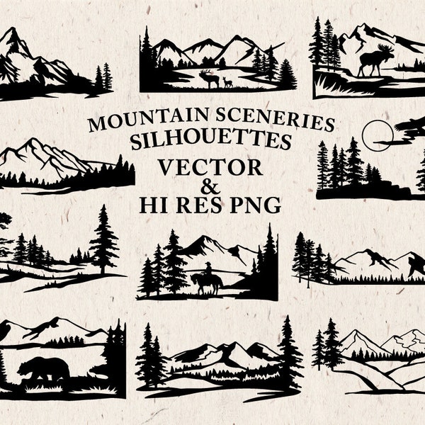 Hand Drawn Mountain Scenery Clipart, Mountain Scenery Silhouette, Mountain SVG, Mountain Clip art PNGVector EPS Ai Design Elements Download