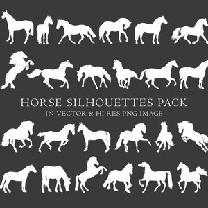 May include: A set of 20 white horse silhouettes in various poses, including running, standing, and rearing up. The silhouettes are isolated on a black background. "Horse Silhouettes Pack" and "In Vector & Hi Res PNG Image" are written in white text below the silhouettes.
