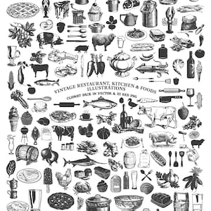 Clipart de culinária rústica, restaurante vintage desenhado à mão, cozinha e clipart de comida em PNG Vector EPS, elementos de design de AI download instantâneo