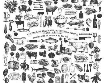 Rustic Cooking Clipart, Vintage Hand Drawn Restaurant, Kitchen and Food Clipart in PNG Vector EPS, AI Design Elements Instant Download