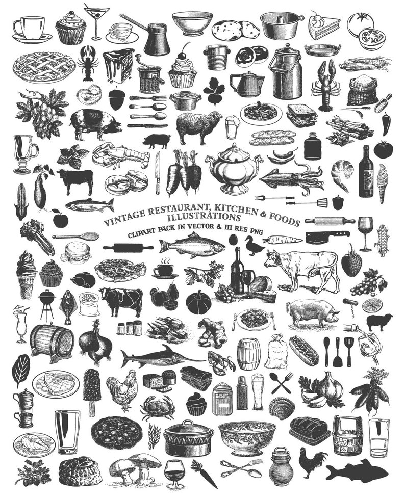 Rustic Cooking Clipart, Vintage Hand Drawn Restaurant, Kitchen and Food Clipart in PNG Vector EPS, AI Design Elements Instant Download image 1