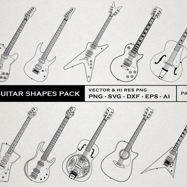 Guitar SVG, Guitar Cut Files, Electric Acoustic Guitars Shapes Vector SVG DXF Png Ai Eps Cut files for Cricut Silhouette Cameo