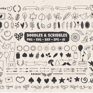 Decoratieve doodles SVG-bundel – stiftkrabbelbanners, harten en clipart voor bruiloften | Gesneden png-, dxf-bestanden