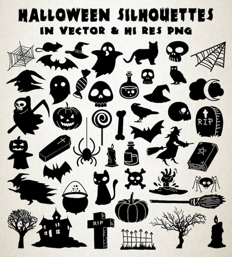 Halloween Clipart, Halloween Clip Art, Halloween Silhouette Doodle Clipart PNG \u0026 Vector EPS, AI Design Element Instant Download