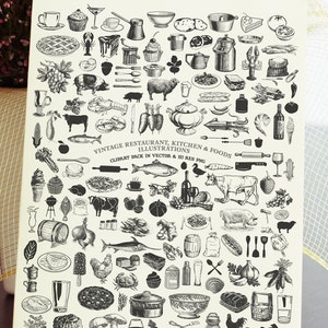 May include: A black and white vintage illustration clipart pack featuring various restaurant, kitchen, and food items. The illustrations include a variety of foods, kitchen utensils, and restaurant equipment.