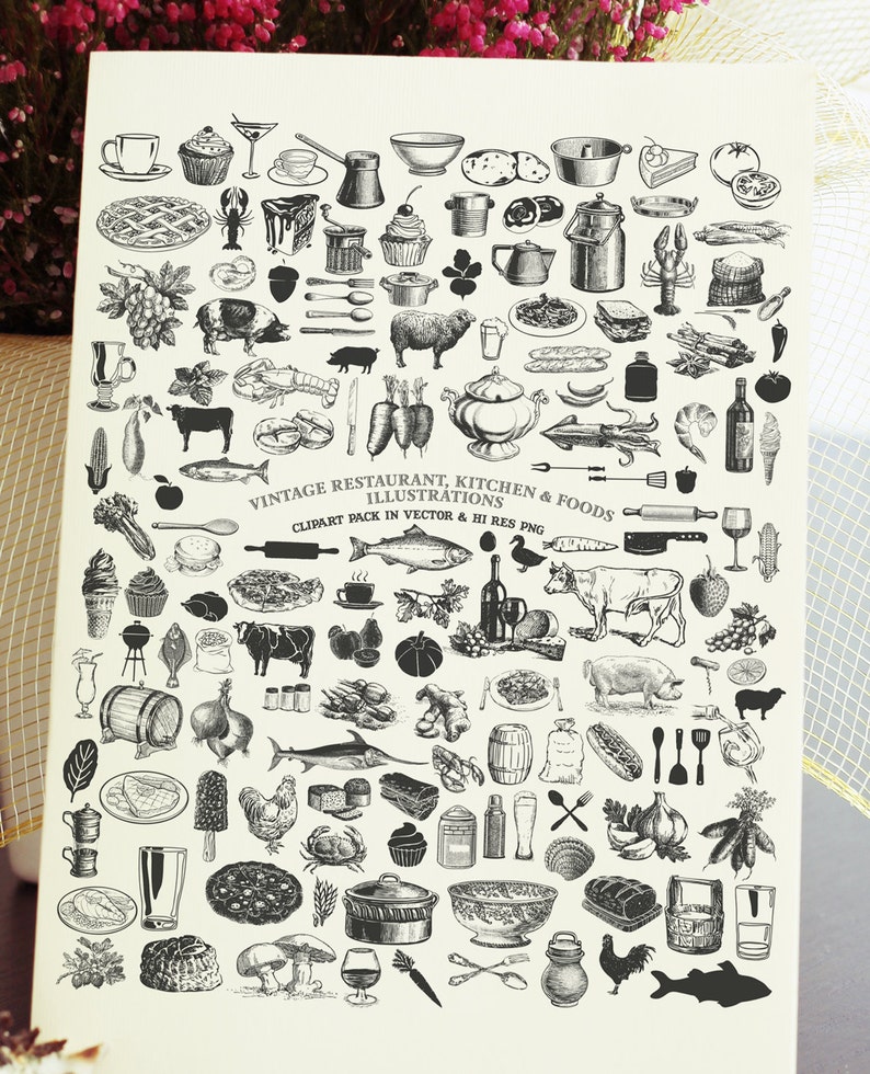 May include: A black and white vintage illustration clipart pack featuring various restaurant, kitchen, and food items. The illustrations include a variety of foods, kitchen utensils, and restaurant equipment.