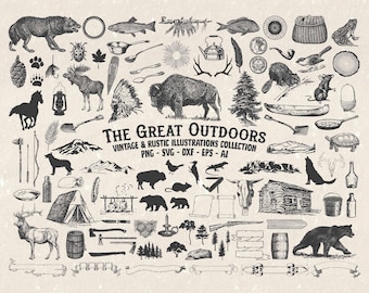 Vintage Rustic Wilderness, Camping & Hunting Illustrations SVG Bundle |  PNG, DXF, Eps, Ai Design Elements