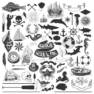 May include: A collection of nautical-themed illustrations in black and white. Includes ships, anchors, sea creatures, compass, skull, and banners. The text "NAUTICAL VECTOR & PNG" is also present.