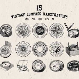 Op de afbeelding: Een set van 15 vintage kompasillustraties in zwart-wit. De illustraties tonen verschillende stijlen kompassen, waaronder traditionele ronde kompassen met een naald en kompasrozen, evenals modernere kompassen met digitale displays. De illustraties zijn perfect voor gebruik in nautische projecten, kaarten en andere ontwerp projecten.