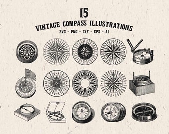 Illustration boussole vintage SVG PNG Clipart - dessin boussole antique, éléments de conception Steampunk PNG, vecteur Svg, Dxf, téléchargement numérique Eps