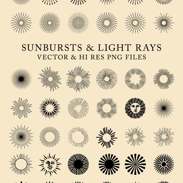 42 Vintage Sunbursts, Light Rays Clipart Clip Art PNG & Vector EPS, AI Design Elements Digital Instant Download