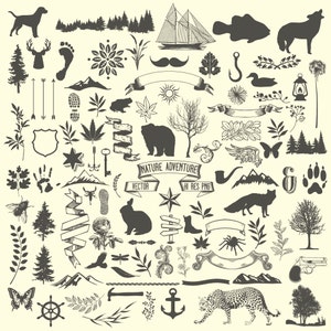 Camping Clipart, Animal Clipart - Nature Rustic Tree Adventure Hunting Clipart Clip Art PNG Vector EPS AI Design Elements Instant Download