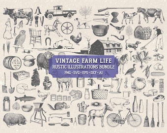 Vintage Farm Illustrations SVG Cliparts, 108 Rustic Design Elements | PNG, Vector EPS, Dxf & more