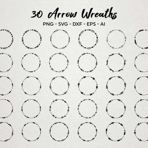 Puede incluir: Un conjunto de 30 diseños de coronas de flechas en blanco y negro. Las coronas están formadas por flechas que apuntan en diferentes direcciones. Los diseños son perfectos para manualidades y la creación de proyectos únicos.