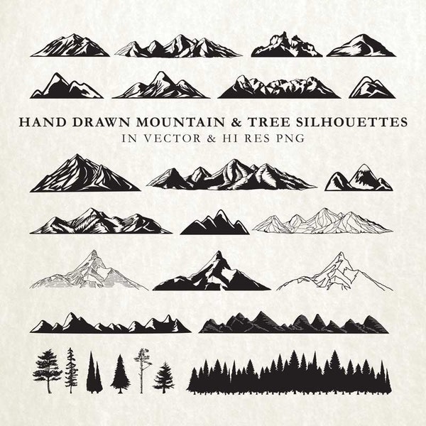 Mountain SVG Cut Files - Hand Drawn Mountains SVG Trees SVG Mountain Cut Files Vector svg dxf eps png - Silhouette Cameo Cricut Transfer