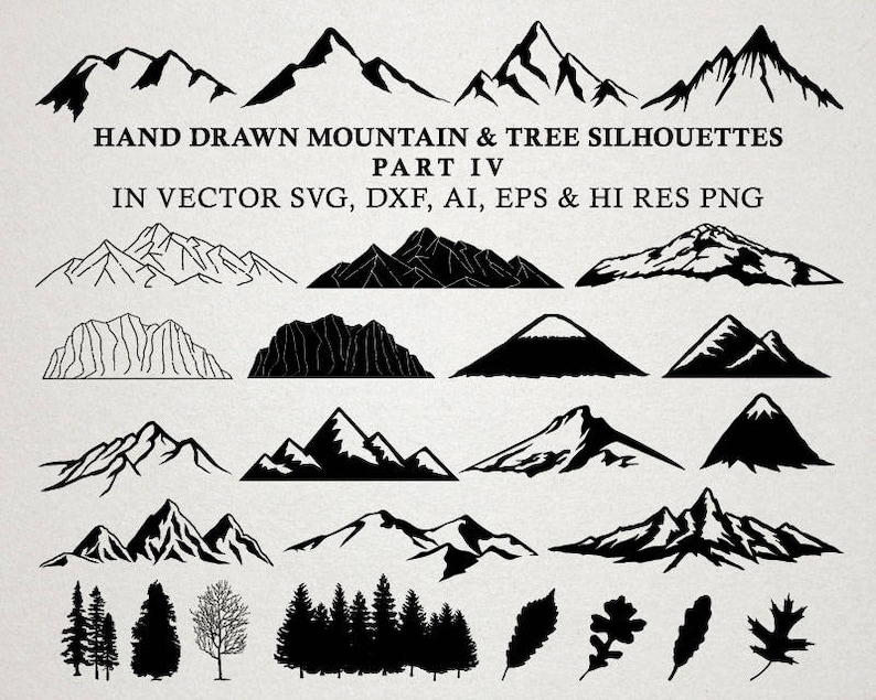 Download Clip Art Mountain Svg Cut Files Hand Drawn Mountains Svg Trees Svg Mountain Cut Files Vector Svg Dxf Eps Png Silhouette Cameo Cricut Transfer Art Collectibles