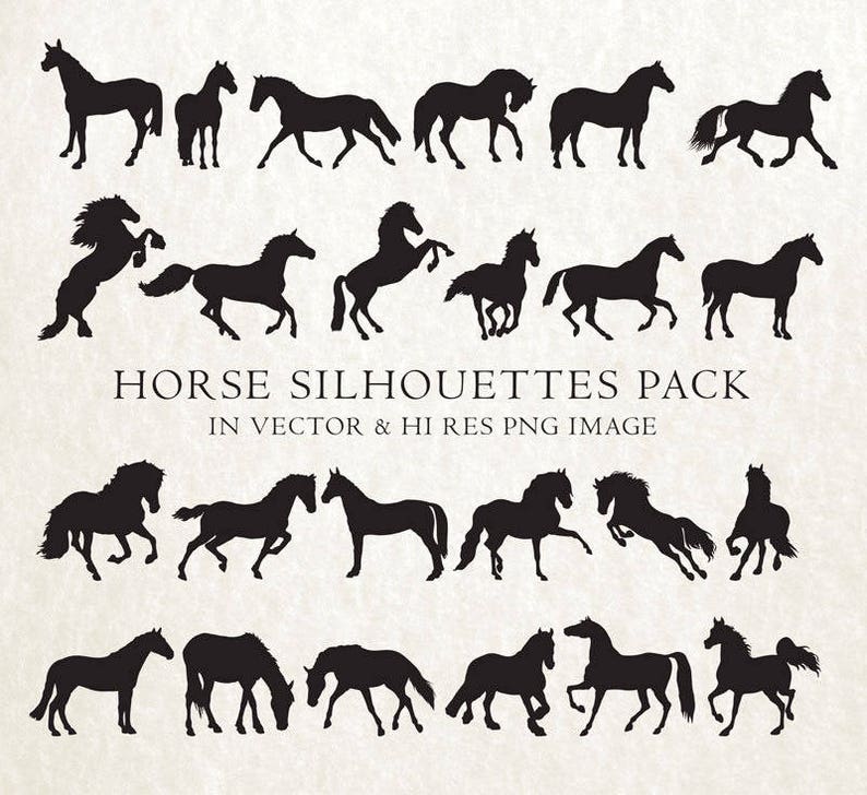 May include: A set of 20 black horse silhouettes in various poses. The silhouettes are in vector and high-resolution PNG format. The text "HORSE SILHOUETTES PACK" and "IN VECTOR & HI RES PNG IMAGE" is included in the image.