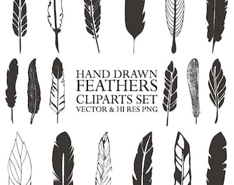 Hand Drawn Feather Clipart - Vector Rustic Feather Drawing Clipart Clip Art PNG & Vector EPS, AI Design Elements Digital Instant Download