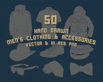 Hand Drawn Clothing Clipart, Clothes Fashion Clipart, Fashion Accessories Clipart Clip art PNG Vector EPS AI Design Element Instant Download