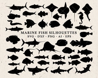 Marine SVG & Fish SVG Silhouettes -Fishing SVG, Sea Animals svg Cut Files Clipart dxf eps png - Silhouette Cameo Cricut Transfer