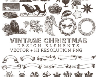 Vintage kerstillustraties clipart, vector designelementen (digitale download)