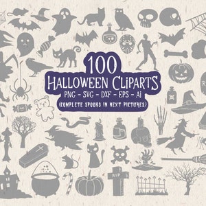 May include: A set of 100 gray Halloween clip art images. The images include a variety of spooky and fun Halloween icons, such as ghosts, bats, pumpkins, witches, and more. The text "100 HALLOWEEN CLIPARTS" is in the center of the image.