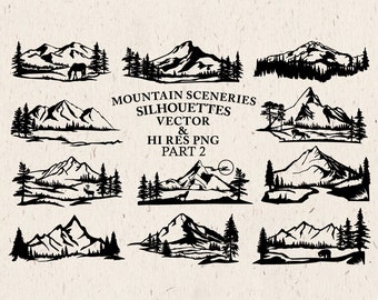 Hand Drawn Mountain Scenery Clipart, Mountain Scenery Silhouette, Mountain SVG, Mountain Clip art PNGVector EPS Ai Design Elements Download