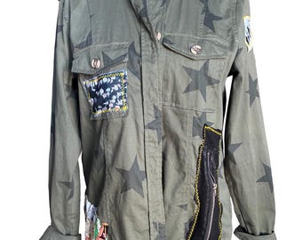 Upcycled Army Camo Jacket: Custom Patches, Star Details - small/med PUNK