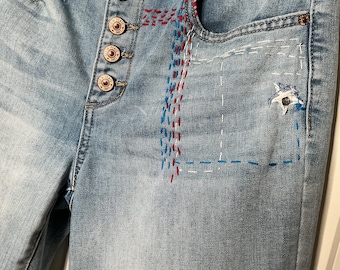Upcycled American Peace Denim Jeans – Hand-Stitched Detail – Size 29 x 23
